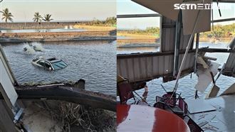 超扯！車爆衝「撞穿」桶仔雞店…墜入魚塭