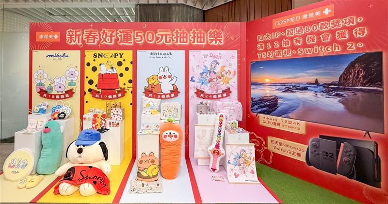 康是美推出「新春好運$50抽抽樂」，集結四大人氣IP助陣，獎項總數超過80款、總量高達40萬抽。（圖／品牌業者提供）