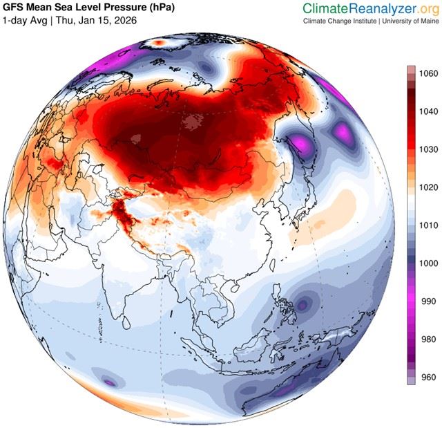 海平面氣壓圖紅棕色是高氣壓，灰藍到紫色是低氣壓。（圖／翻攝自鄭明典臉書）