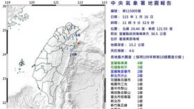 1/16宜蘭規模4.6地震。（圖／中央氣象署）