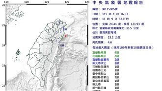 新／8縣市有感！宜蘭11:09爆「4.6地震」