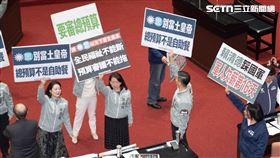 藍白抽出部分新興計畫逕付二讀，綠營舉牌抗議。（圖／記者楊士誼攝影）