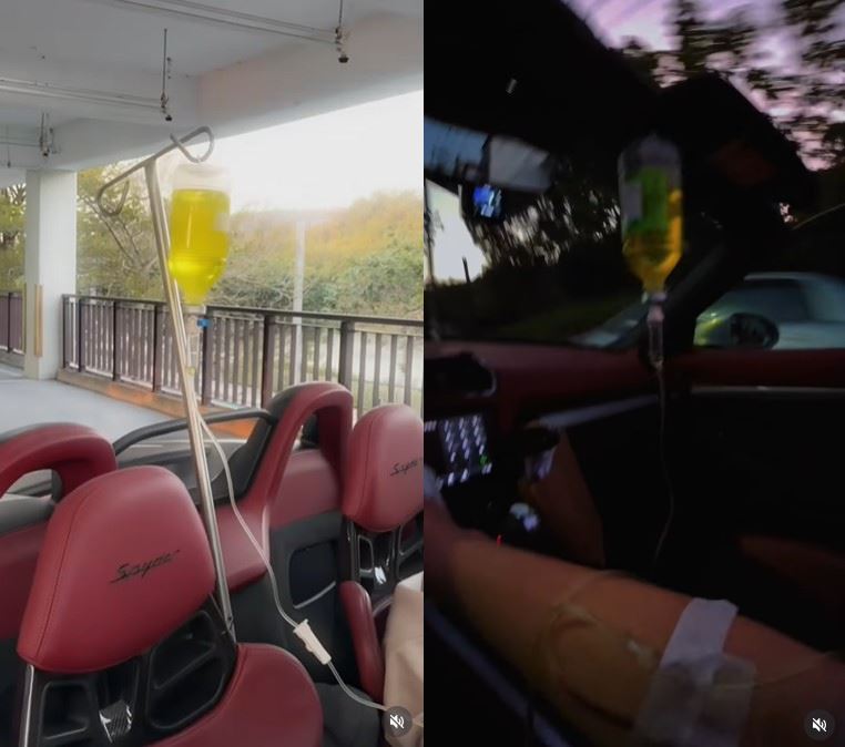 網路瘋傳「保時捷敞篷跑車」跑山石，車上卻掛著一袋點滴。（圖／翻攝IG@333sanwei）