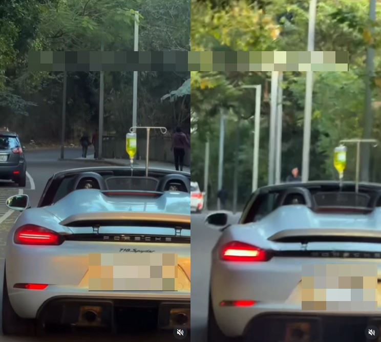 網路瘋傳「保時捷敞篷跑車」跑山石，車上卻掛著一袋點滴。（圖／翻攝IG@333sanwei）