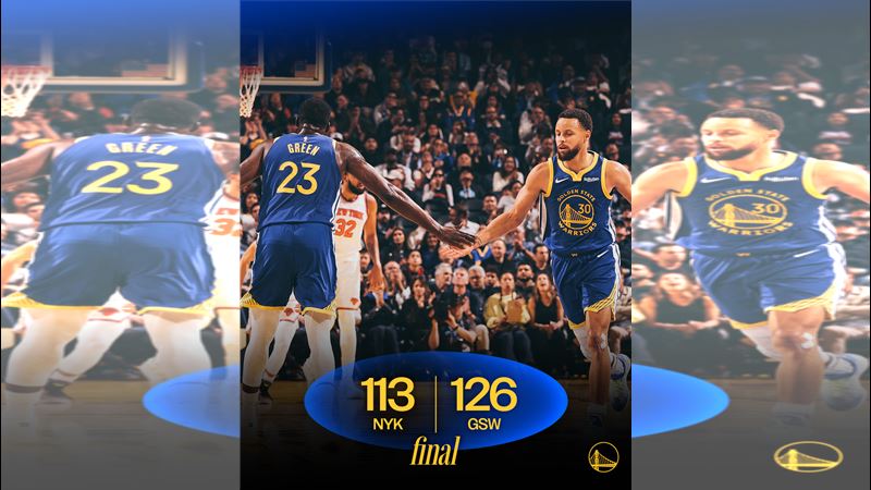 柯瑞（Stephen Curry）上半場沒有投進三分球，勇士還是打敗尼克。（圖／翻攝自勇士推特）