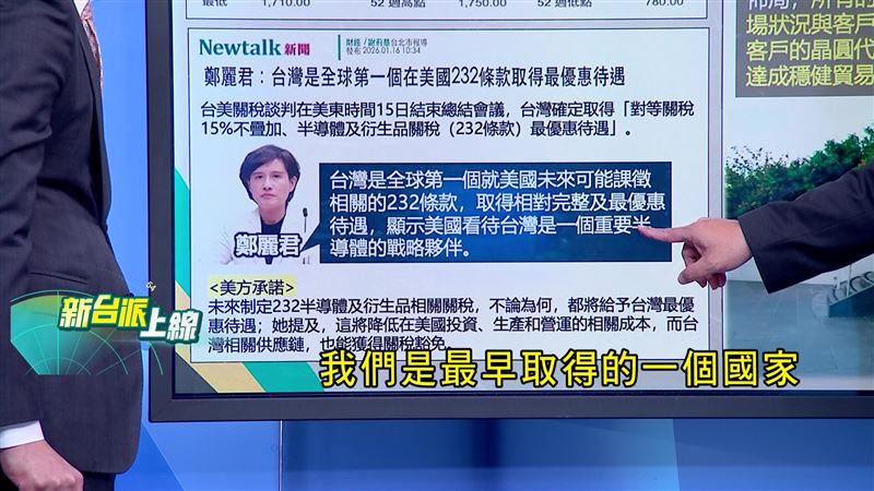 台灣是最早取得美國232條款最惠國待遇的國家，美方承諾不管未來半導體課多少稅，台灣都是最低的。(圖/新台派上線)