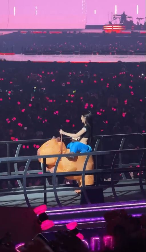 Jennie在東京演唱會上化身卡皮巴拉，頭上還戴著生日帽。（圖／翻攝自微博）