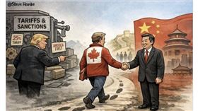 X平台網友貼出政治漫畫，諷刺川普的關稅把加拿大推到中國懷抱。（圖／翻攝自X平台 @marlene4719）