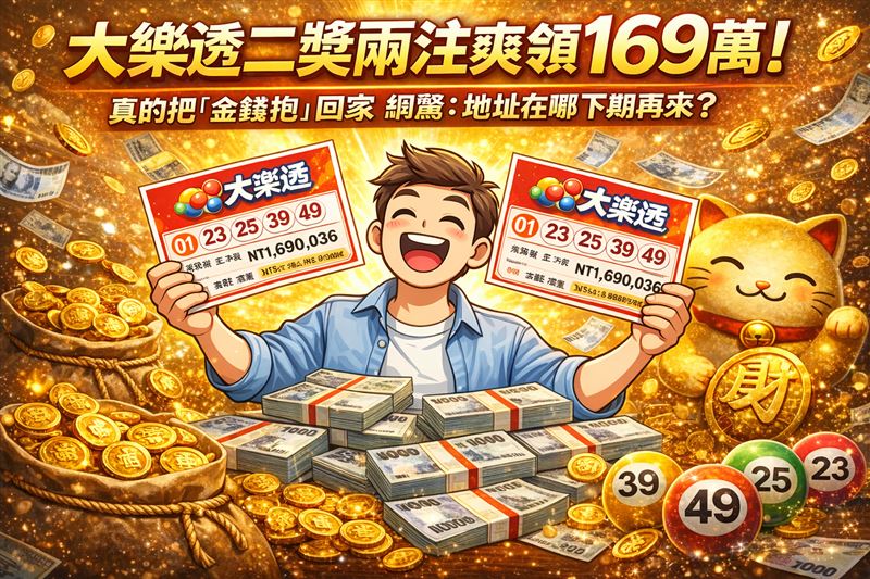 大樂透第115000005期開獎結果出爐，雖然本期頭獎遺憾摃龜，但二獎卻開出象徵吉利的「雙雙對對」！本期銷售額突破億元，二獎共開出2注，每注爽領1,695,193元。其中台南「金錢抱彩券行」因為店名神預言讓網友全跪了，紛紛驚呼財神爺真的顯靈，讓中獎人把獎金緊緊「抱」回家！（AI製圖）