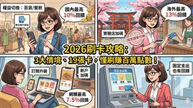 袋鼠金融解析2026年刷卡策略，國內消費透過「權益切換」與「數位帳戶綁定」兩大功能，最高可獲10%回饋。海外旅遊掌握「實體店加碼」與「指定國家任務」，回饋率直衝13%。網購與行動支付選用「訂閱升級」或「新戶加碼」功能，最高享7.5%。掌握3大情境與19張卡精準切換，讓2026年每筆支出都變神回饋，助你省錢一整年，甚至賺到百萬點數！（AI製圖） 