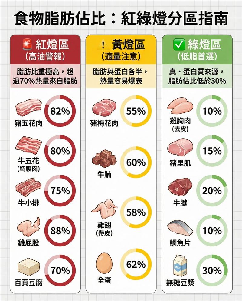 醫師王思恒列出各種肉類的脂肪佔比，並分成紅、黃、綠燈3個區域。(圖／取自王思恒的臉書)