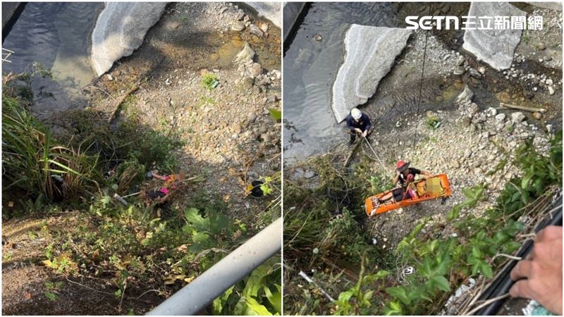 13歲少年摔落12公尺深溪床，消防人員到場吊掛救援。（圖／翻攝畫面）