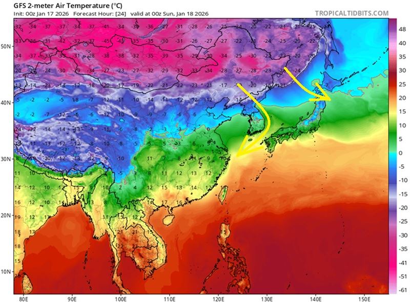 一波極冷的空氣在中國北方，它經過海面後會稍微升溫。（圖／翻攝自鄭明典臉書）