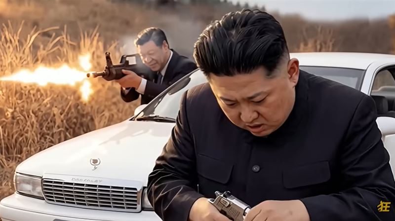 中國領導人習近平哪著衝鋒槍隊賴清德瘋狂掃射，北韓領導人金正恩忙著裝子彈，顯得有些慌張。（圖／翻攝卡提諾YT）