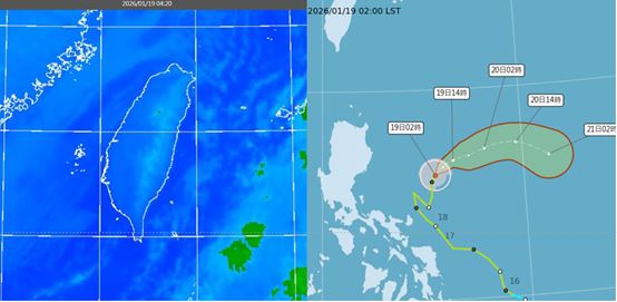 今晨4:20紅外線色調強化雲圖顯示，中南部雲層少（左)；氣象署颱風路徑潛勢預測圖顯示，輕颱洛鞍在菲律賓東方海面大迴轉，並有逐漸消散的趨勢，對臺無影響（右）
