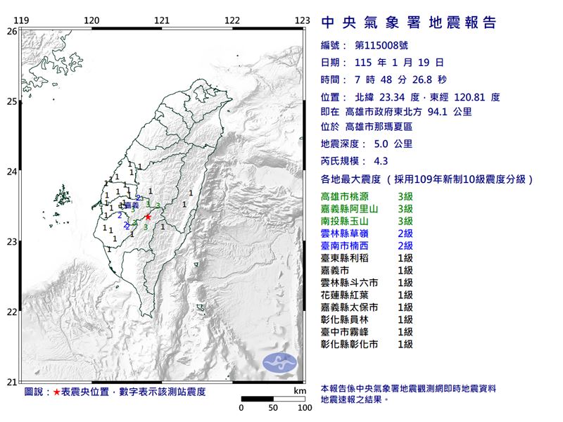 高雄發生規模4.3地震。（圖／中央氣象署）