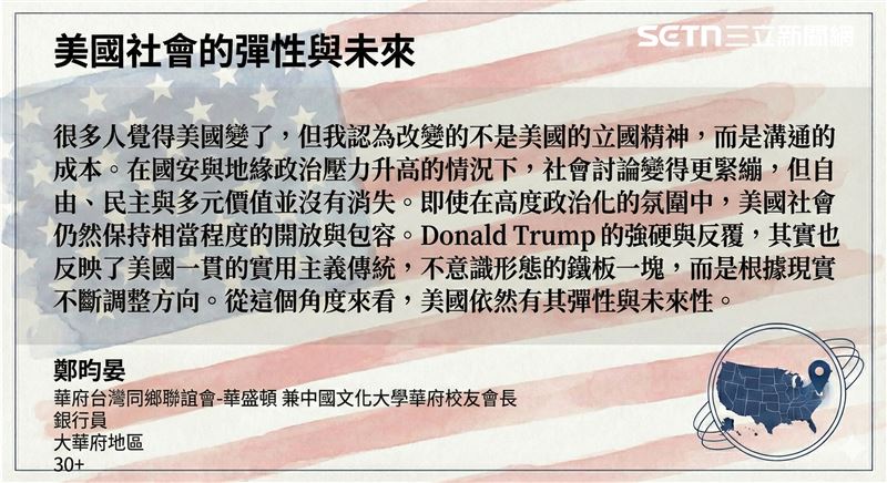 美籍台裔鄭昀晏認為川普執政雖然增加溝通成本，但美國立國精神不變，仍保有彈性及未來性。 （圖／記者彭光偉排版、gemini製圖）