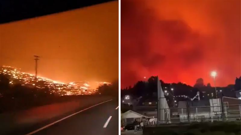圖中是比歐比歐地區的彭科（Penco）。道路兩旁可以看到滾滾岩漿，天空也因火舌被染紅。（圖／翻攝自X平台 @MonitorX99800）