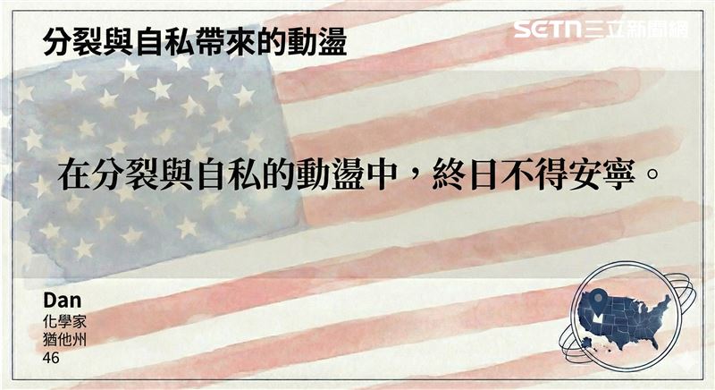 猶他州的Dan認為川普的執政已經造成社會過度紛擾。（圖／記者彭光偉排版、gemini製圖）