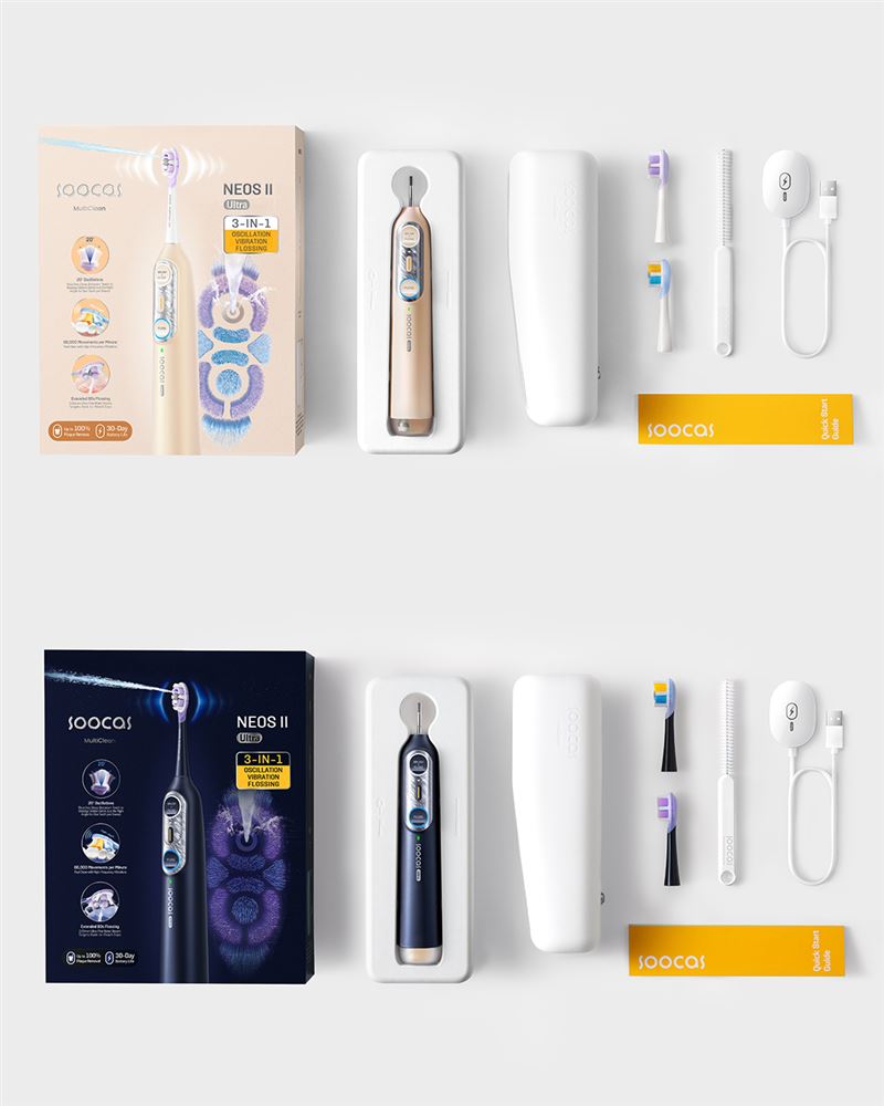Soocas NEOS II Ultra全效沖牙音波電動牙刷，全系列主打全球首創「同步刷沖」科技。（圖／品牌業者提供）