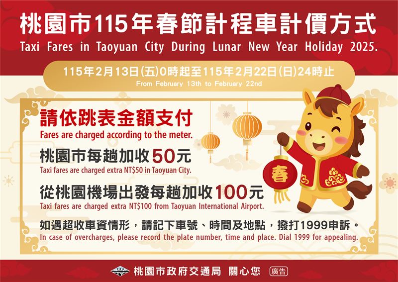 今年的春節連續假期計程車加收運價實施期間，自2月13日0時至2月22日24時止，共計10日。（圖／桃園電子報提供）