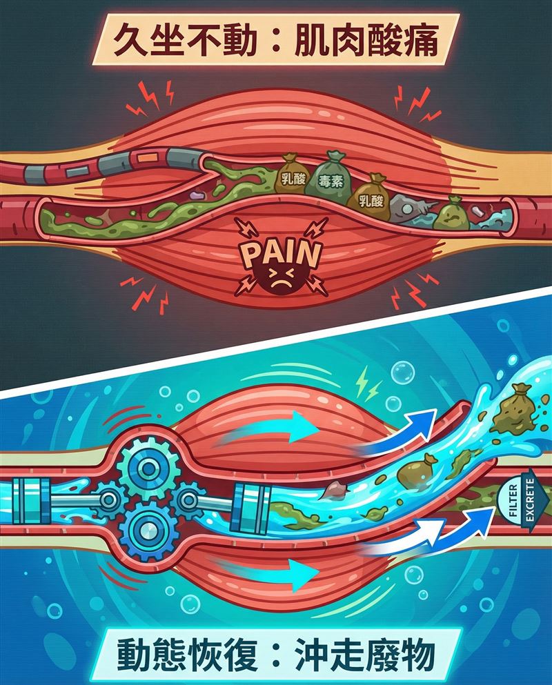 醫師王思恒表示，當肌肉持續緊繃，會讓代謝廢物（如乳酸、麩胺酸）無法被沖走，進而讓肌肉產生酸痛感。（圖／取自王思恒的臉書）