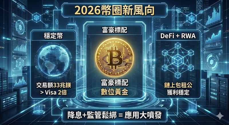幣安研究院發布2026展望，直言加密產業已從投機變生活。風向變了！報告點名「加密新三寶」：穩定幣、比特幣與DeFi收租。穩定幣交易量超車Visa，比特幣晉升富豪標配。在降息與監管鬆綁下，這三股力量將推動全球資產大搬家，成為投資新顯學。（AI製圖）