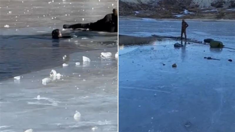 在印度的高山湖泊上，三位遊客跑到結冰的湖上，兩人在冷水中溺死。（圖／翻攝自X）