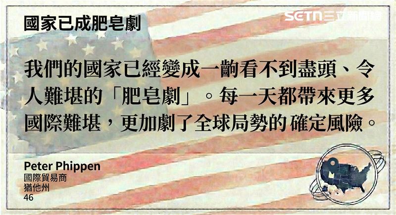 Peter Phippen認為川普2.0的執政一年已經讓美國變成看不到盡頭、且令人難堪的「肥皂劇」（圖／記者彭光偉排版、gemini製圖）