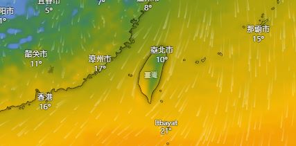 冷空氣影響的時間在即刻到週五清晨，預估全台平地低溫將普遍下探至10度到12度。（圖／翻攝自Windy.com）