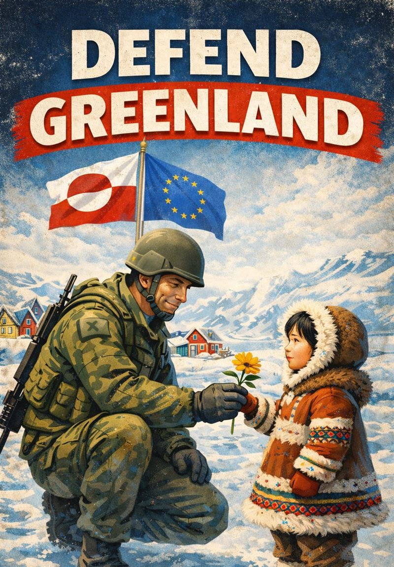 網友製作的歐盟防禦格陵蘭宣傳圖片。（圖／翻攝自X平台 @Frid45）