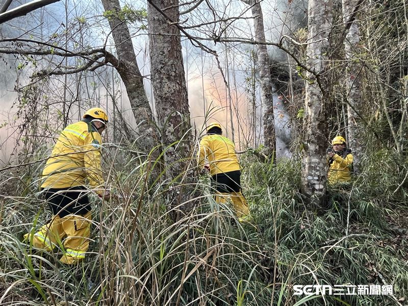不同於傳統噴水滅火，森林護管員得在熱浪前揮汗揮舞砍刀與鋤頭，忍受體力極限清除地表植被，徒手「開闢防火線」來阻斷延燒。（圖／林業保育署臺中分署授權提供）