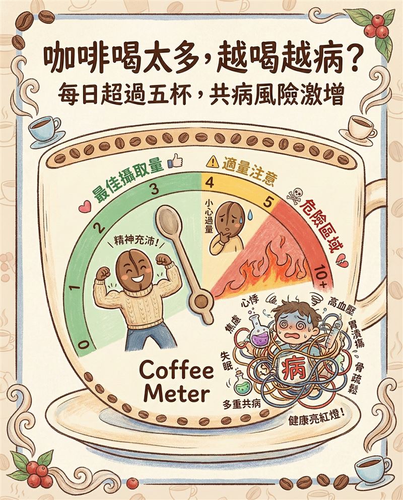 醫師王思恒表示，一項研究分析英國33萬人的數據後發現，當喝咖啡超過每天5杯，會使得心臟病風險暴增26%。(圖／取自王思恒的臉書)