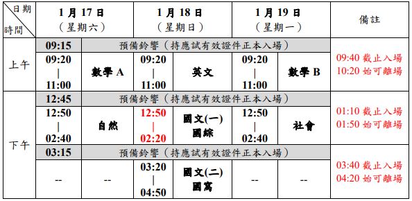 學測日程表有特別標示國綜考試時間。（圖／翻攝自大考中心簡章）