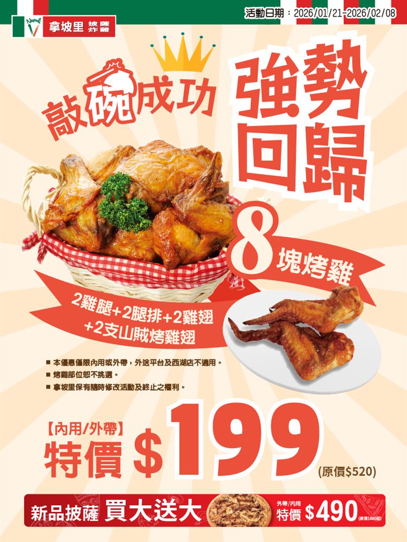 敲碗成功回歸的經典烤雞組合，8塊烤雞原價520元，特惠價199元。（圖／品牌業者提供）