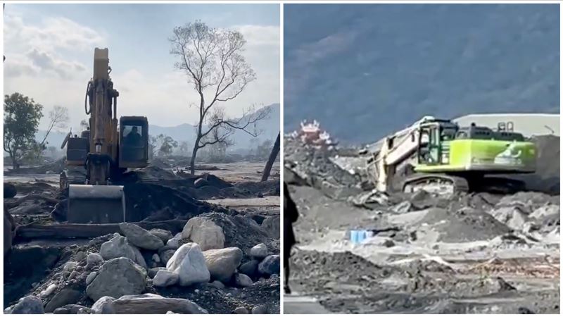 啟德的挖土機（左）、家屬自聘的挖土機（右）持續開挖。（圖／記者呂彥攝影）