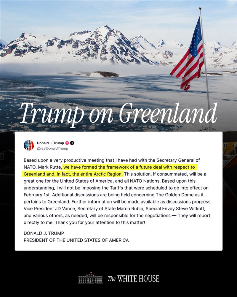 川普發文稱已經和北約達成格陵蘭協議框架。（圖／翻攝自X平台白宮帳號）