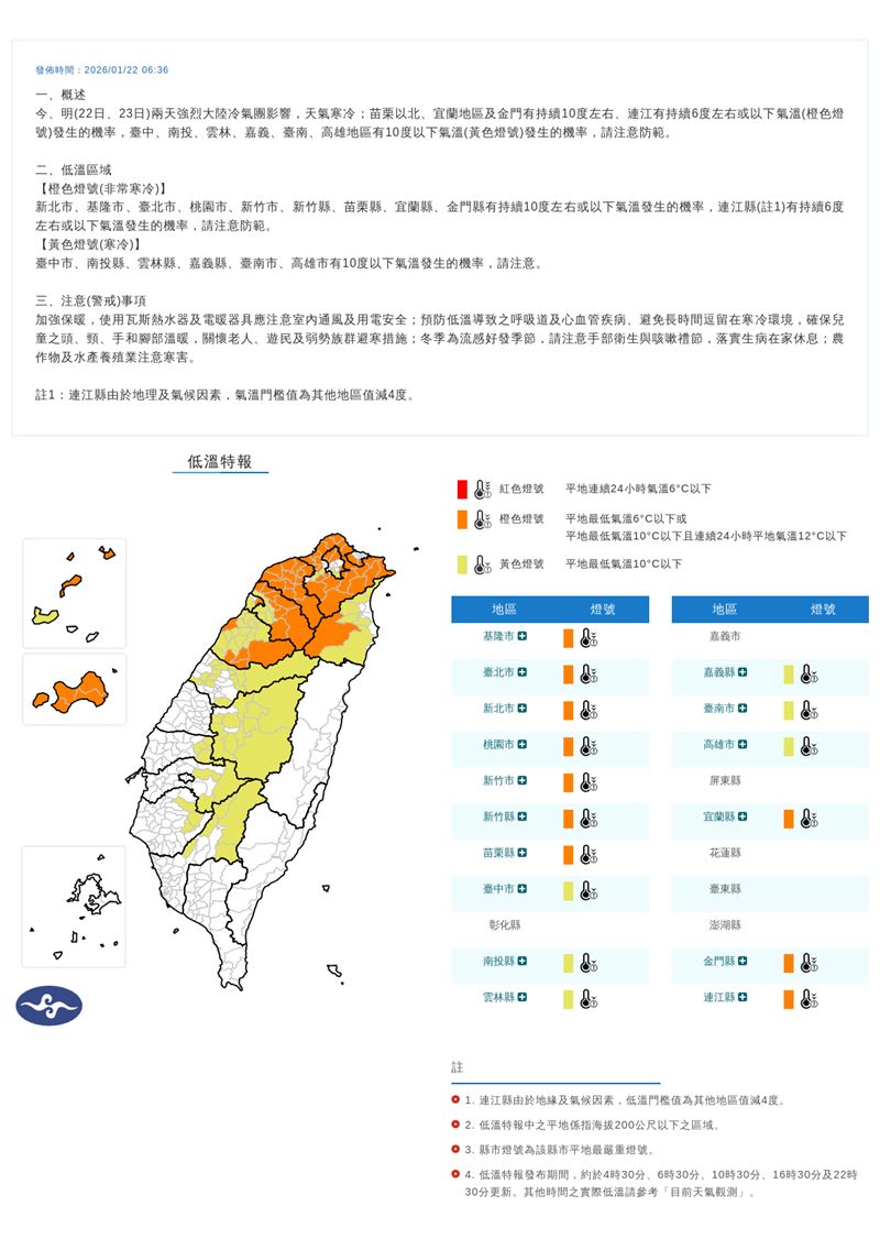 中央氣象署今日早上針對16縣市發布低溫特報。（圖／翻攝自中央氣象署）