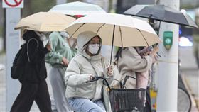 氣象署發布北北基大雨特報（1）中央氣象署19日下午針對北北基地區發布大雨特報，受東北風影響，易有短延時強降雨，台北市信義區街頭下午降下細微陣雨，騎乘腳踏車的民眾撐傘前行。中央社記者鄭清元攝　115年1月19日