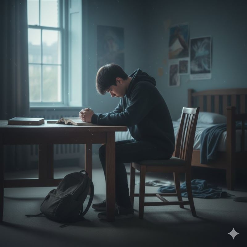 14歲成績優異的國中生升上國二後，因課業與人際壓力陷入憂鬱，甚至拒絕上學，之後配合藥物與認知治療，才成功重返校園。（AI示意圖／衛福部彰化醫院提供）