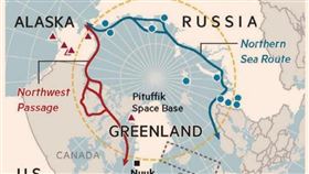 全球暖化下，北極所浮現的兩條新航道，紅色為「西北航道」，藍色為「東北航道」，中央三角形標示的，為美國在格陵蘭的現存唯一基地 ──皮圖菲克太空軍基地。（圖／翻攝自X平台 @jackprandelli）