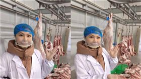 照片中的劉樂妍換上白色工作袍、頭戴藍色防塵帽，站在羊肉分切與處理區。（圖／翻攝自微博）