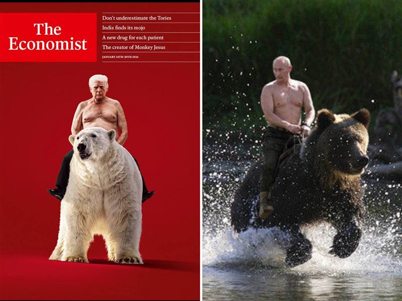 網友將川普騎北極熊和俄羅斯總統普丁騎熊的梗圖做比較。（圖／翻攝自X@tina_kandelaki）