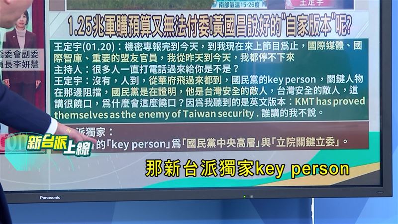 王定宇在三立政論《新台派上線》爆料，華府關鍵人士來台了解誰在擋軍購案。（圖／新台派上線）
