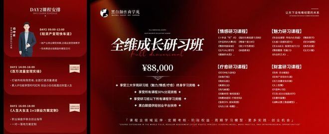 「黑白顛覆性商學苑」線下課程中，最貴的「全維成長研習班」標價高達88000元人民幣。（圖／翻攝自微博）