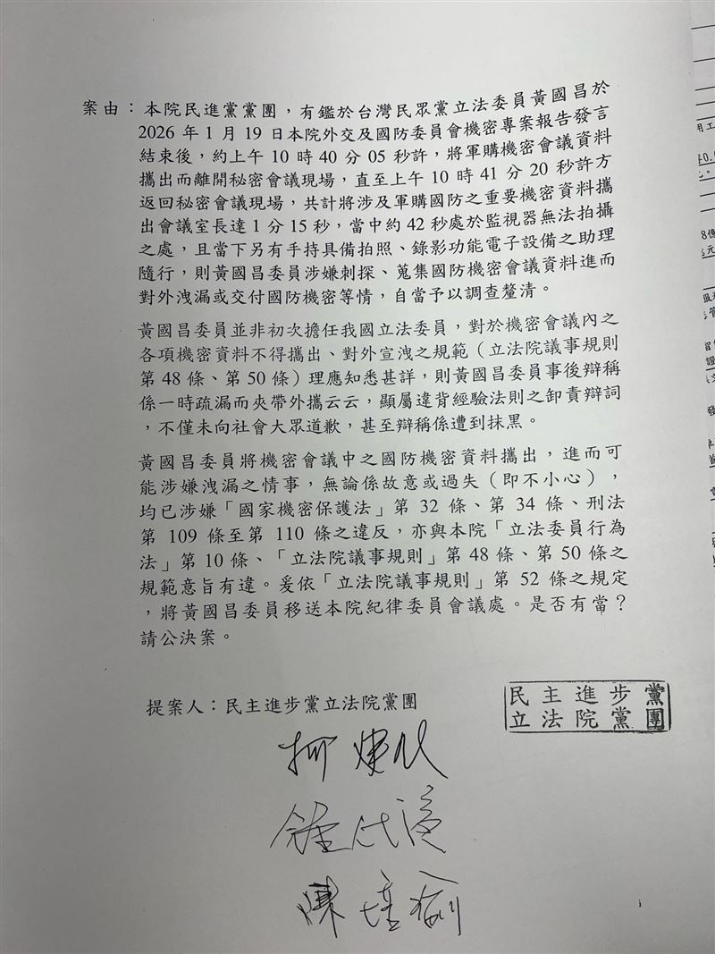 黃國昌熙帶機密資料惹議，民進黨團提案將黃國昌移送到立院紀律委員會。（圖／翻攝自吳思瑤threads）