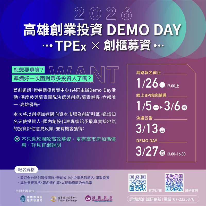 「2026 高雄創業投資DEMO DAY ｜TPEx創櫃募資」正式開跑