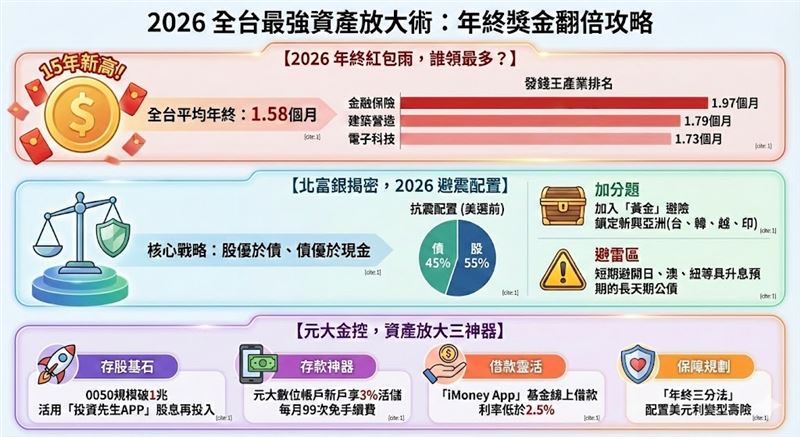 2026年終獎金創15年新高,金融業以1.97個月奪冠!北富銀建議在大選震盪前維持股55債45配置。元大金控則推廣兆元基石0050與3%活儲優利,教你利用複利守護資產。此外,國民年金加碼至5000元,切記欠費莫過10年,結合政策紅利與專業配置,讓2026財富再翻倍。(AI製圖)