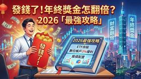 2026年終獎金創15年新高，金融業以1.97個月奪冠！北富銀建議在大選震盪前維持股55債45配置。元大金控則推廣兆元基石0050與3%活儲優利，教你利用複利守護資產。此外，國民年金加碼至5000元，切記欠費莫過10年，結合政策紅利與專業配置，讓2026財富再翻倍。（AI製圖）