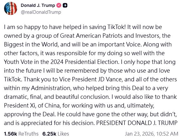 川普發文感謝習近平批准TIKTOK交易, 並說自己救了TIKTOK。（圖／截圖自川普真實社群帳號）